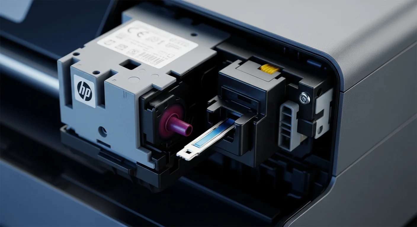 Primer plano de un cartucho y cabezal de una impresora de inyección térmica de tinta HP, destacando la tecnología.