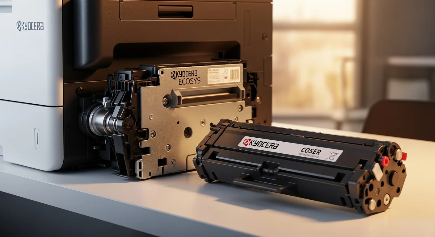 Imagen detallada de los componentes de larga duración de una impresora Kyocera ECOSYS junto a un cartucho de tóner, mostrando su eficiencia.