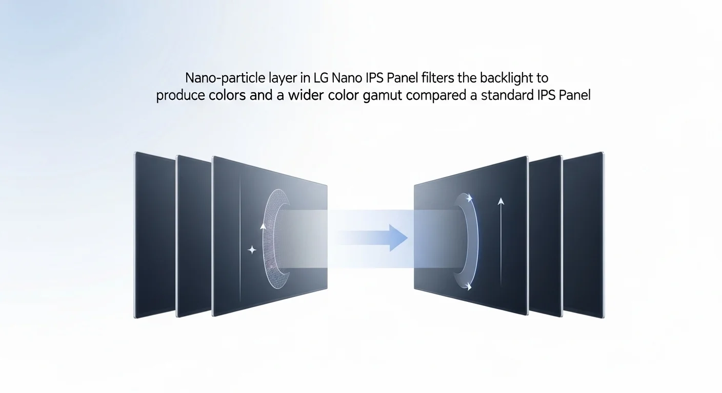 Un diagrama que ilustra cómo la capa de nanopartículas en un panel LG Nano IPS filtra la luz de fondo para producir colores más puros y una gama de colores más amplia en comparación con un panel IPS estándar.