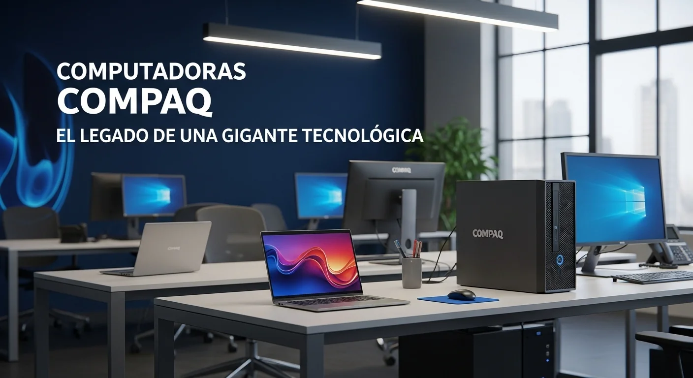 Un entorno de oficina moderno con equipos de computación, incluyendo laptops y desktops, representando la venta y renta de tecnología.