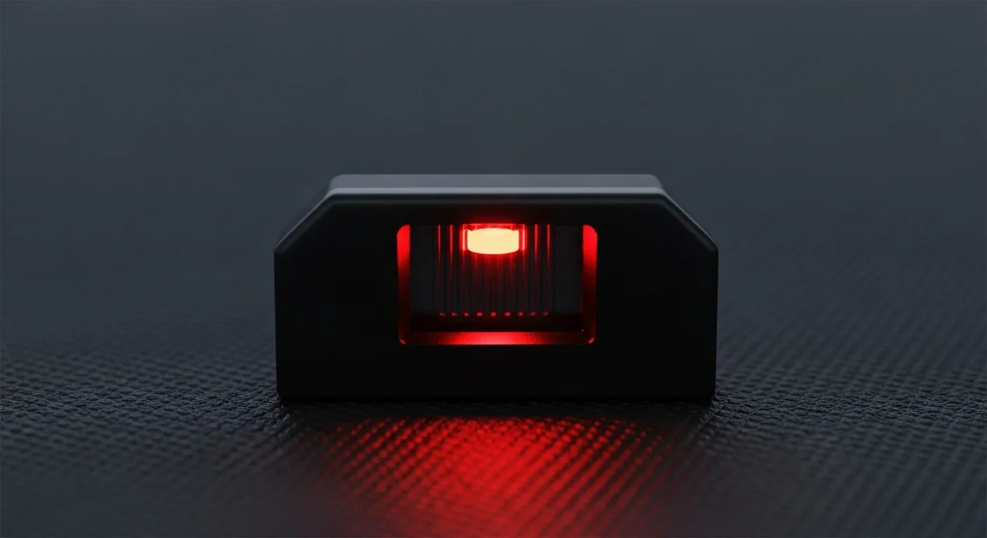 Vista detallada del sensor óptico de un mouse, mostrando el LED rojo iluminando una superficie texturizada.