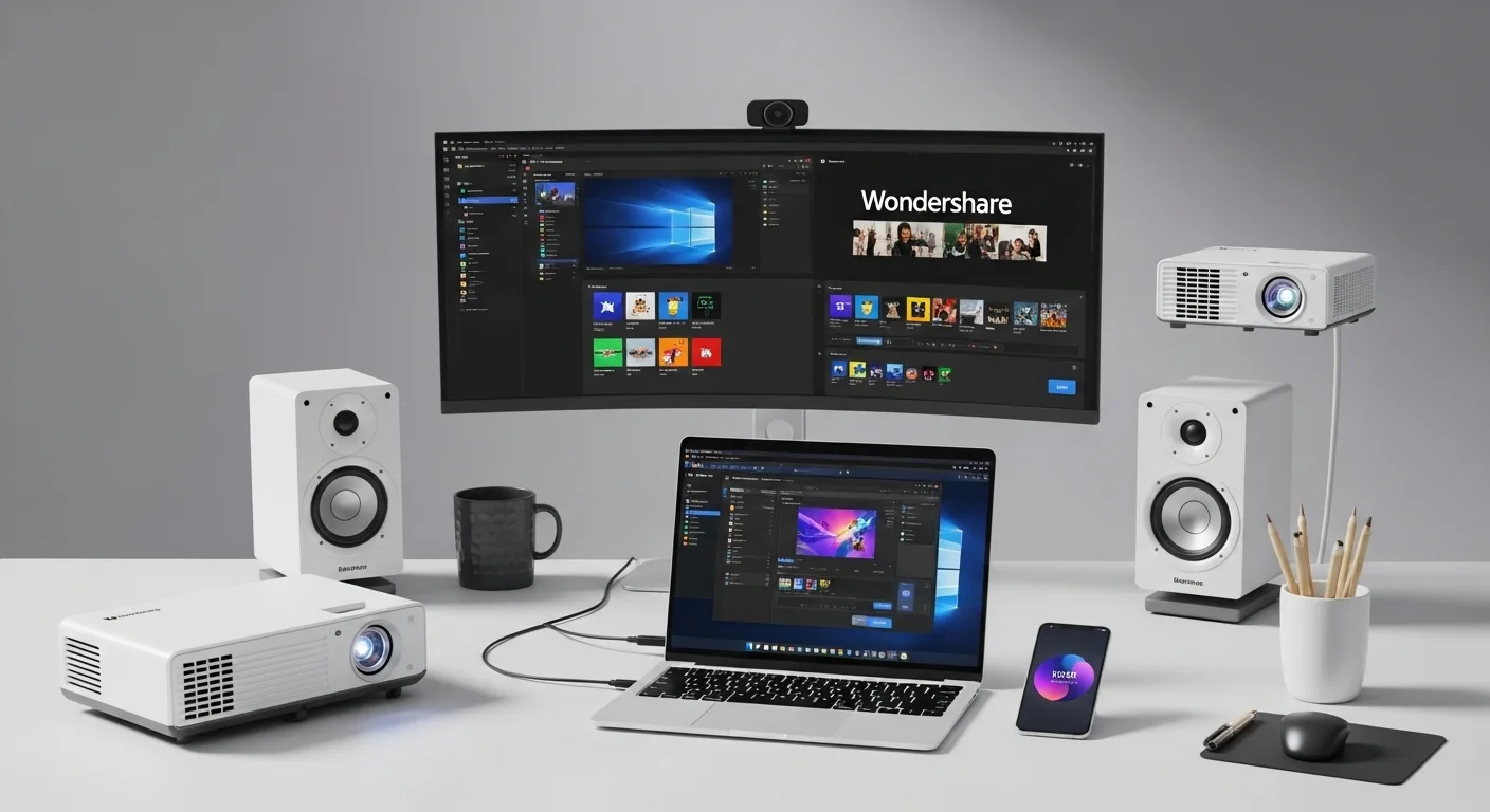 Un escritorio de trabajo tecnológico con una laptop, un proyector, una pantalla externa, altavoces y un smartphone, que representa el ecosistema de hardware para el software de Wondershare.