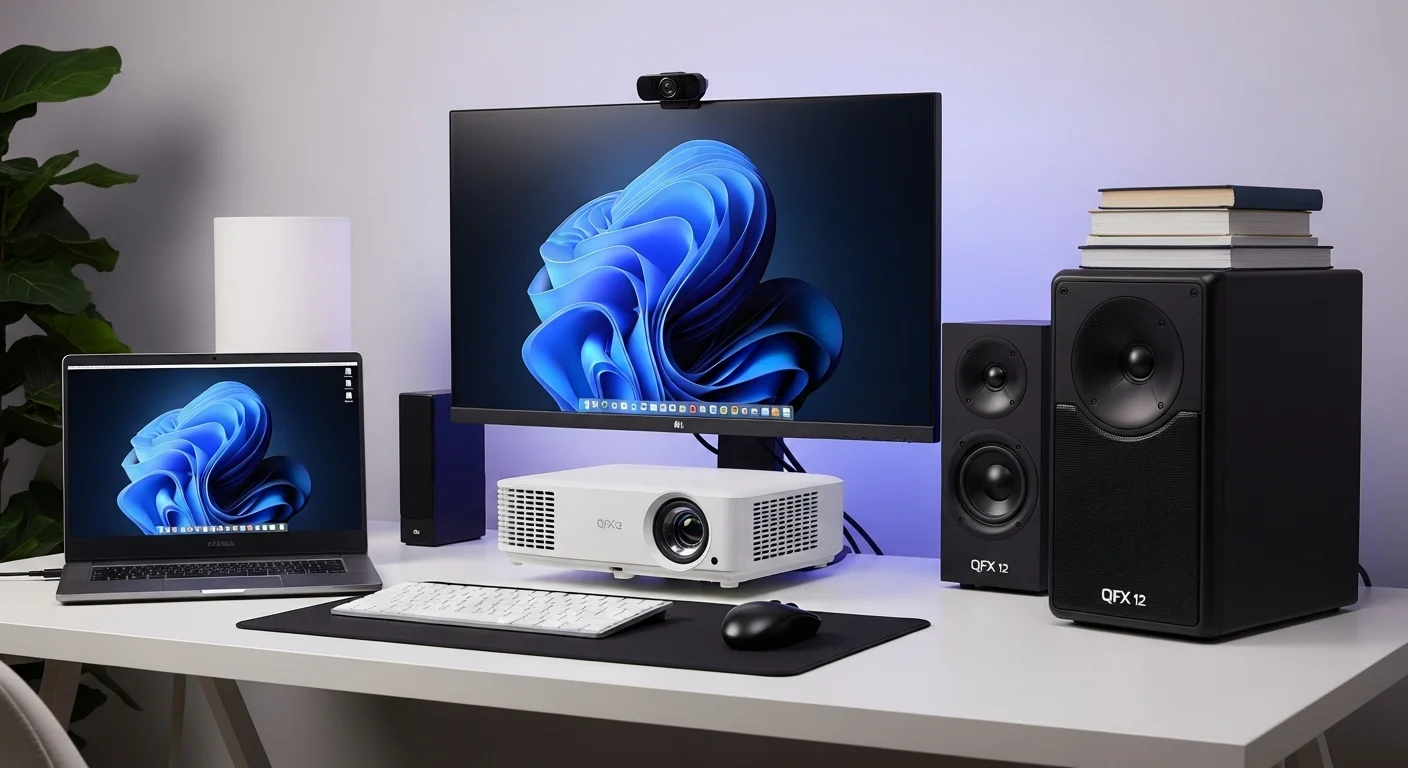 Escritorio moderno con diversos accesorios de computadoras, incluyendo una laptop, proyector, pantalla y una bocina qfx 12