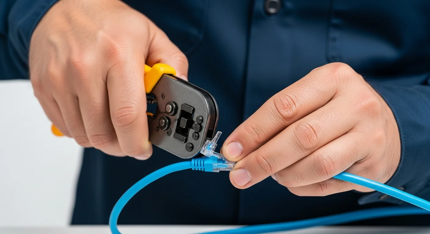 Manos de un técnico utilizando una herramienta de crimpado para instalar un conector plug rj45 cat 6 en un cable de red azul