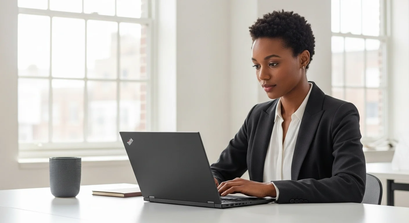 Un profesional utilizando una computadora laptop ThinkPad X1 Carbon en un entorno de trabajo, destacando su diseño delgado.