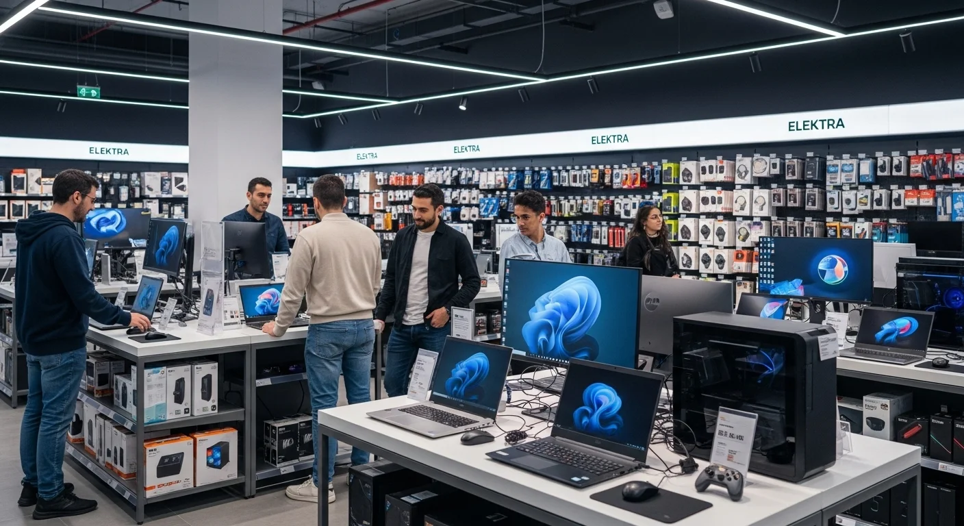 Interior de una tienda Elektra mostrando el pasillo de tecnología con una variedad de laptops y computadoras en exhibición para los clientes.