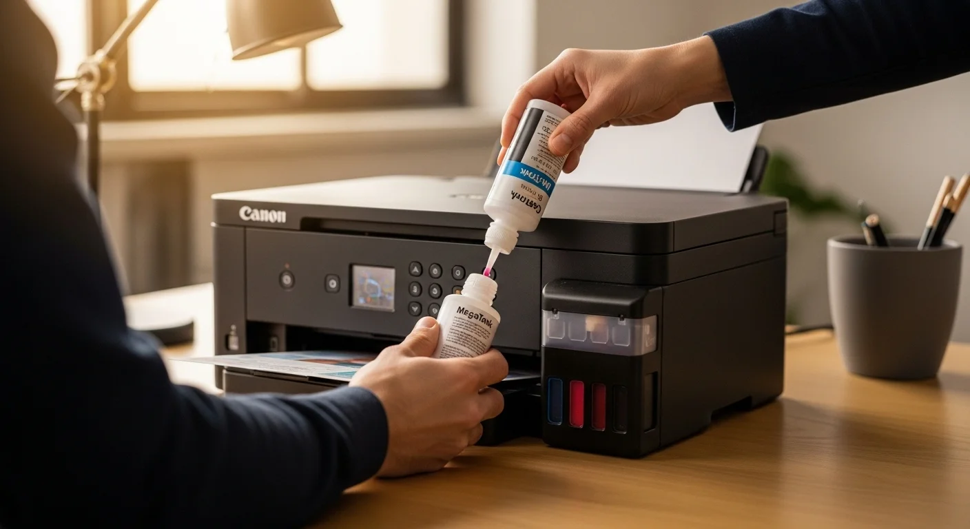 Detalle de las botellas de tinta Canon G4100 siendo utilizadas para rellenar los tanques frontales de la impresora Canon Pixma G4100, destacando el sistema MegaTank.