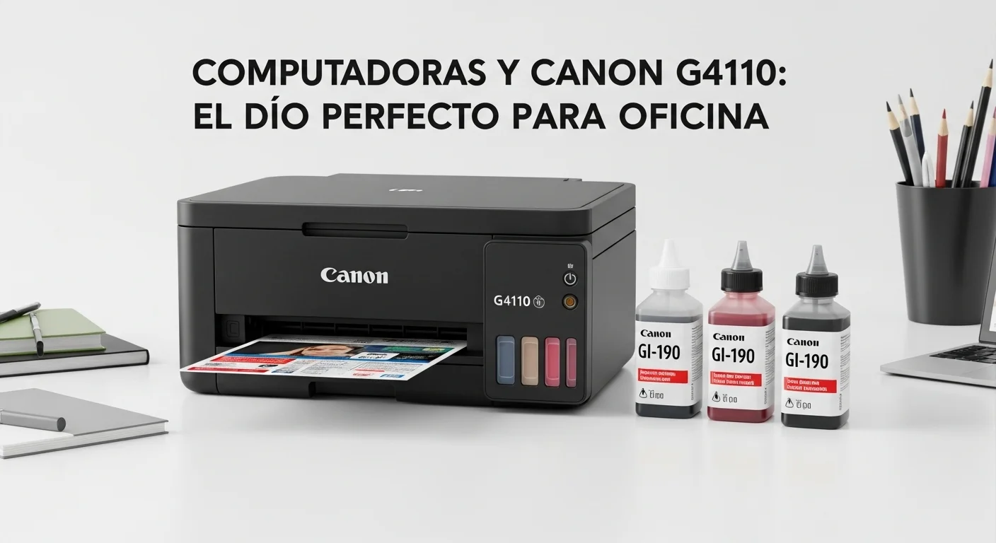 Botellas de tinta Canon GI-190 junto a la impresora Canon PIXMA G4110, mostrando el sistema de recarga.