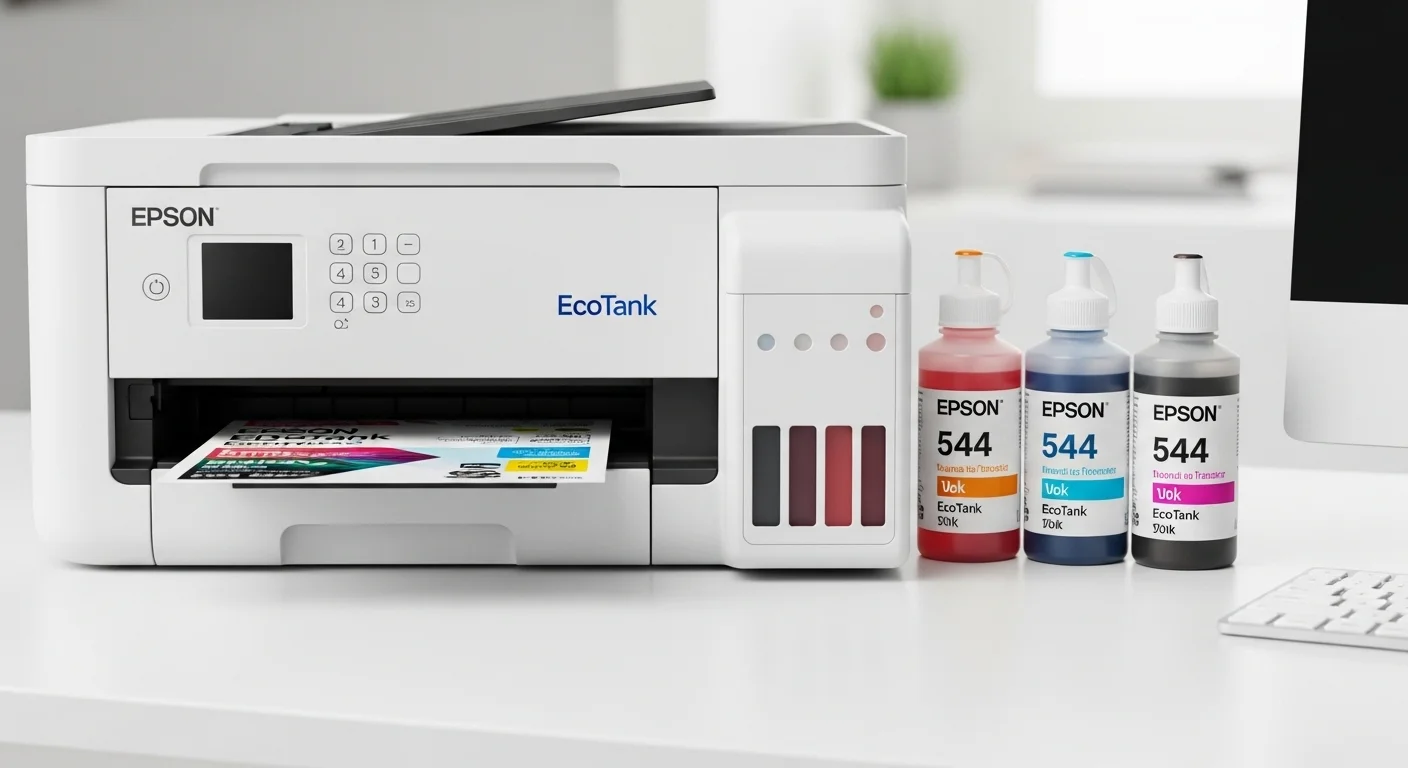 Detalle de las botellas de tinta Epson 544 junto a la impresora L3150, destacando el sistema económico EcoTank y el bajo costo de los consumibles.