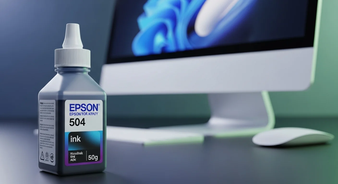 Primer plano de una botella de tinta Epson 504 mostrando su calidad y el concepto de un precio asequible para computadoras y oficinas