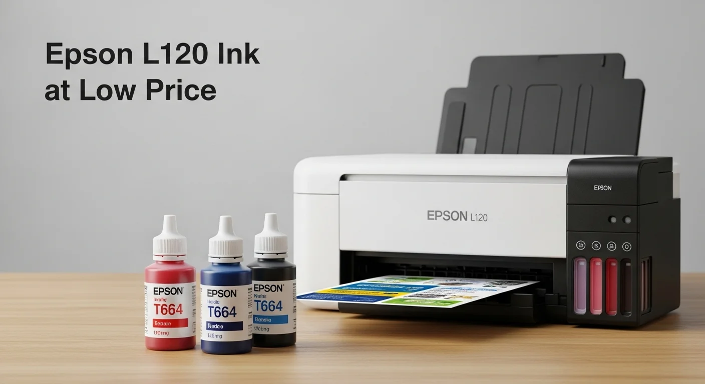 Primer plano de las botellas de tinta Epson T664 junto a la impresora L120, destacando el concepto de epson l120 tinta a bajo precio.