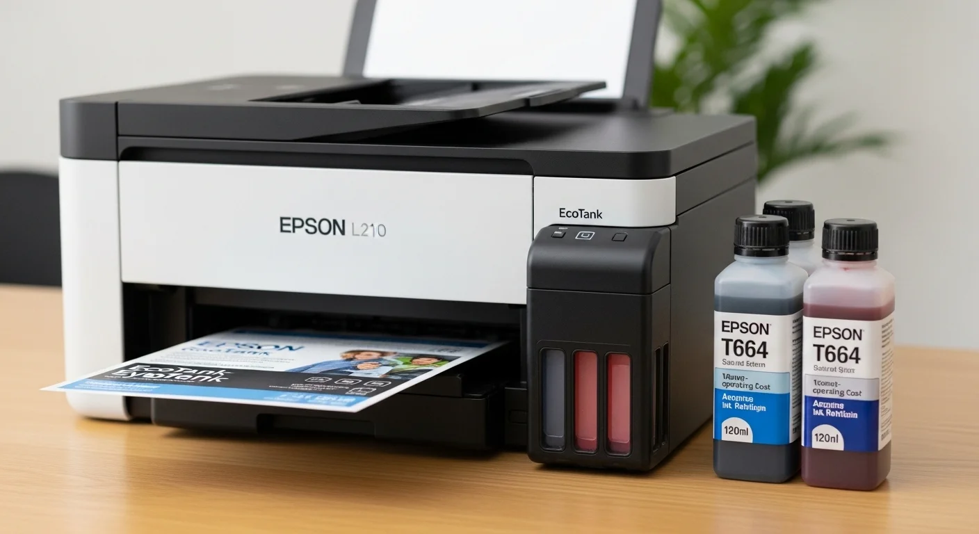 Primer plano de las botellas de tinta T664 junto a una impresora Epson L210, destacando el sistema de recarga EcoTank y su bajo costo operativo.