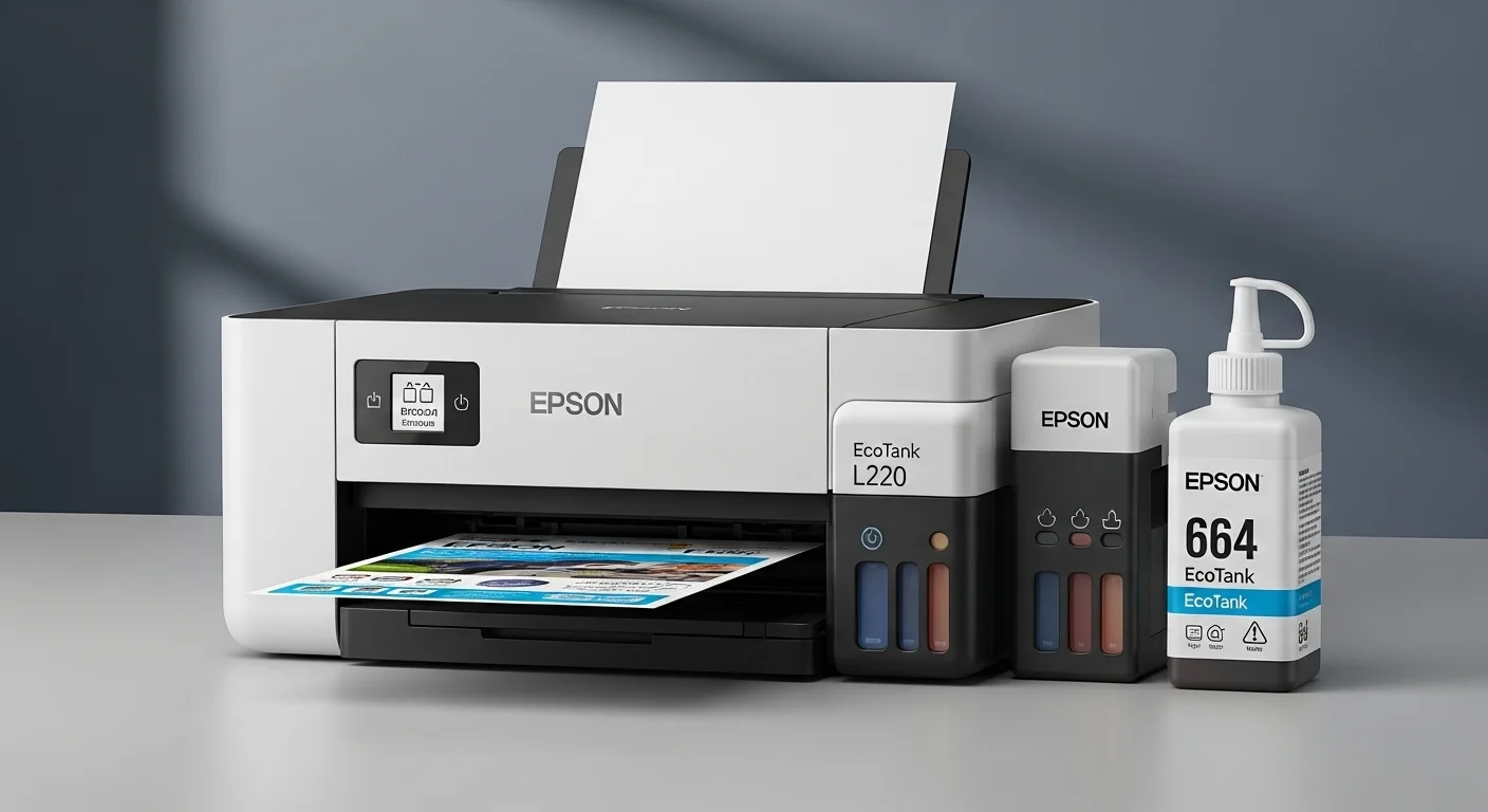 Primer plano de las botellas de tinta Epson 664 junto a la impresora Epson L220, destacando el sistema EcoTank y el bajo costo por página.
