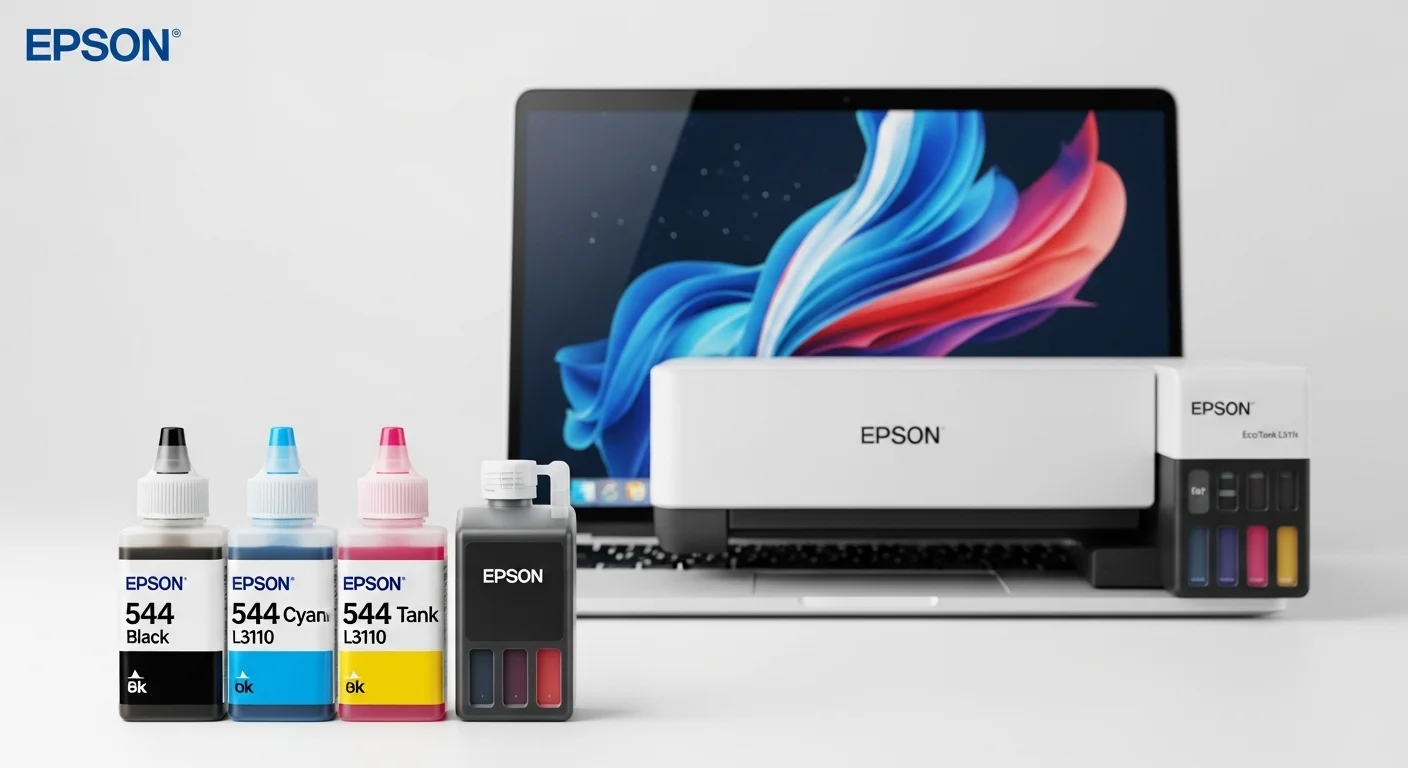 Set de botellas de tinta Epson 544 para el modelo EcoTank L3110, mostrando los cuatro colores frente a una computadora.