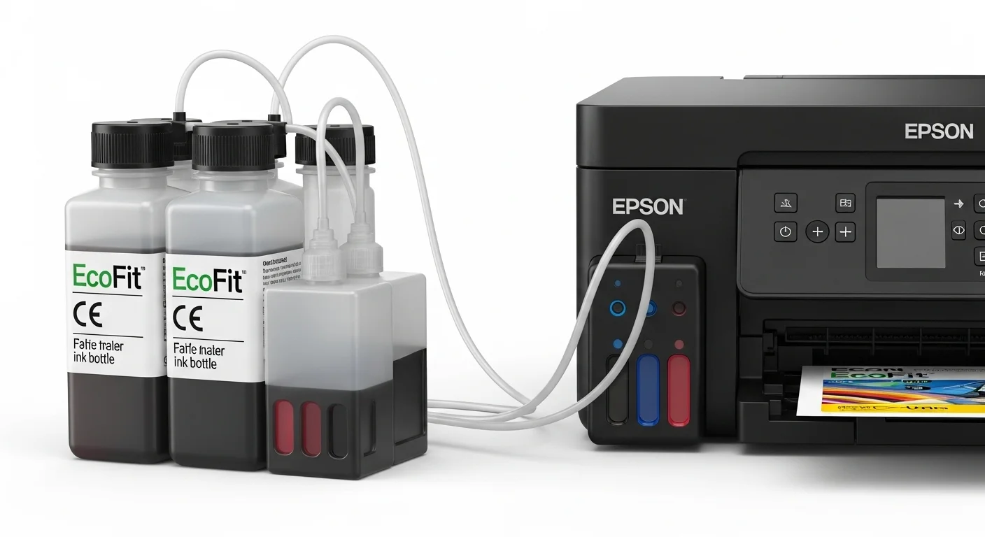 Detalle del sistema de recarga de tinta para Epson L4160, mostrando las botellas EcoFit y su fácil conexión a los tanques de la impresora.