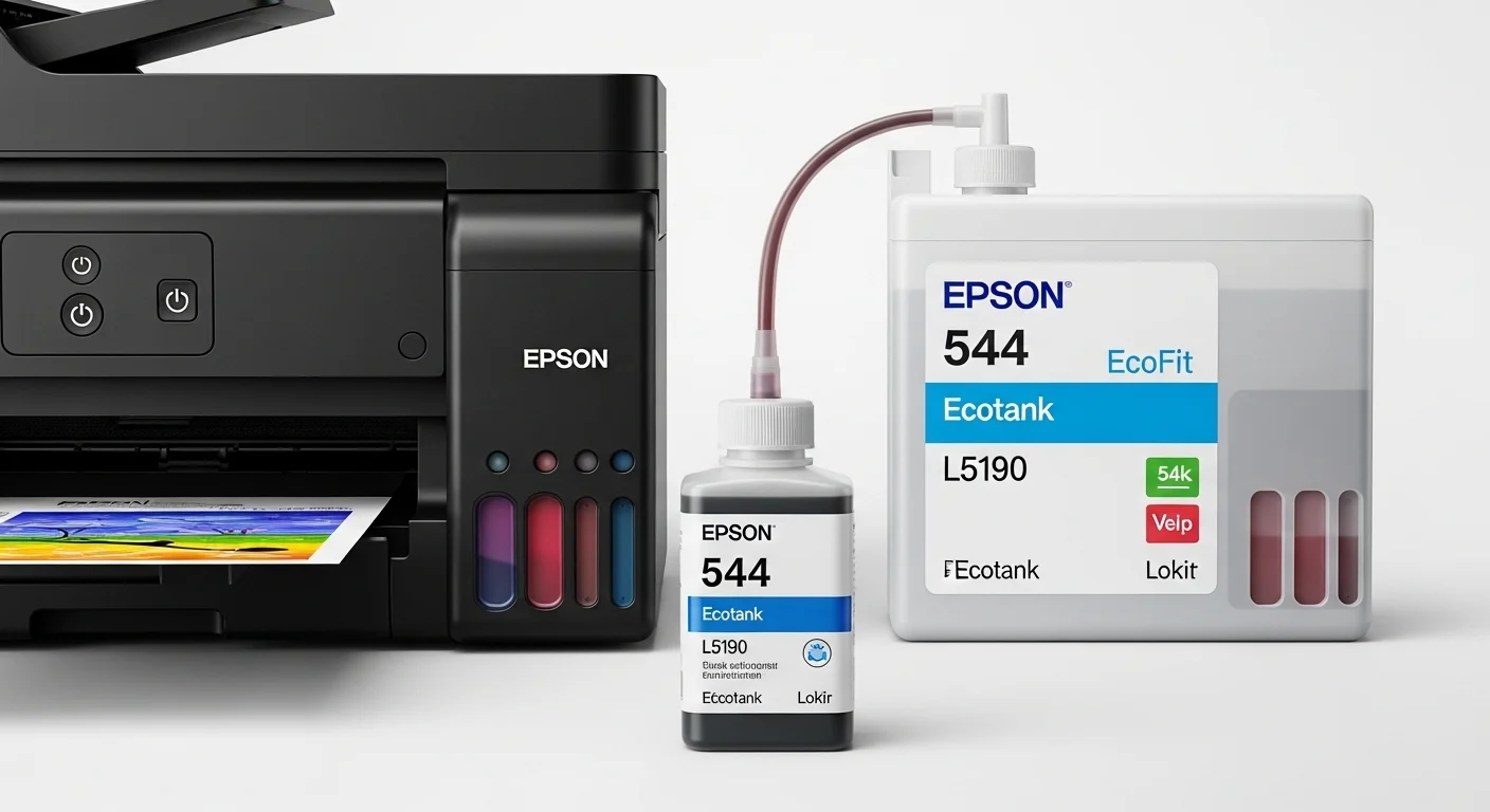 Primer plano de las botellas de tinta Epson 544, los consumibles para la impresora Ecotank L5190, destacando el sistema de recarga fácil EcoFit.