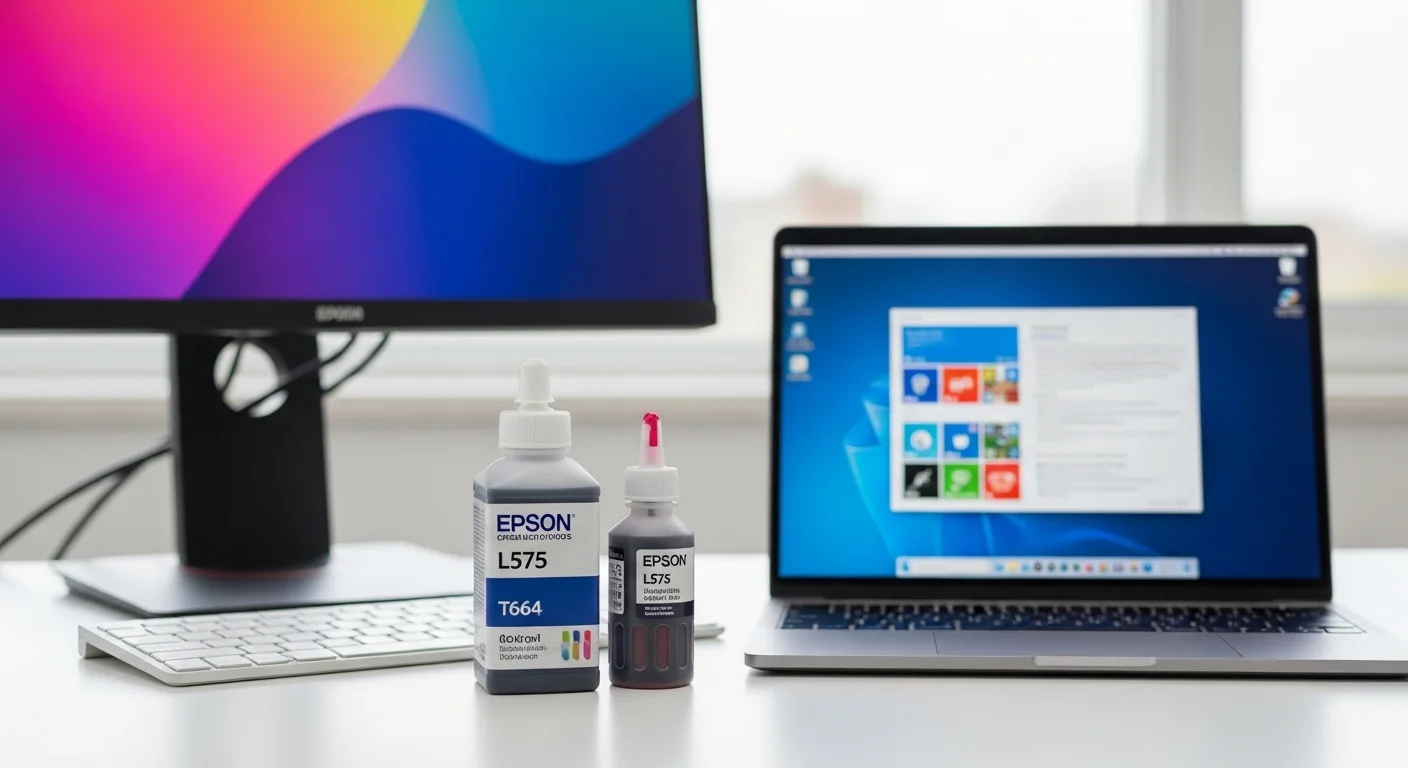 Botellas de tinta Epson L575 T664 junto a una laptop y una pantalla, representando el ecosistema de computadoras y consumibles