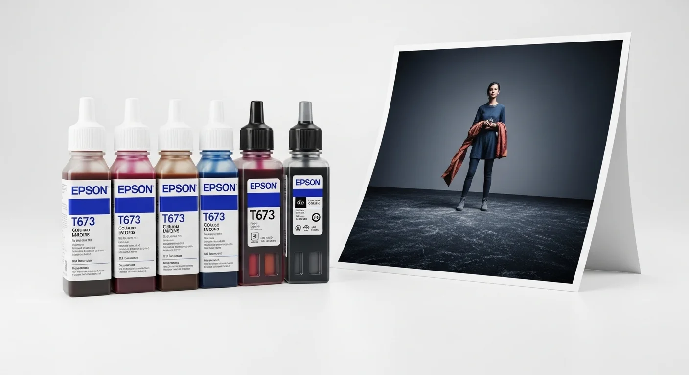 Primer plano de las botellas de tinta Epson T673 de 6 colores junto a una fotografía de alta calidad, destacando la tecnología y los consumibles de la Epson L805.