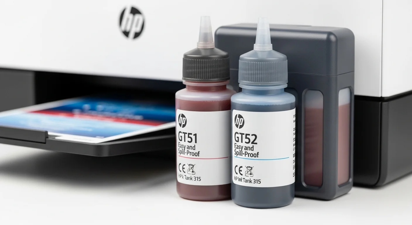 Primer plano de las botellas de tinta HP GT51 y GT52, destacando el sistema de recarga fácil y limpio para la impresora HP Ink Tank 315.