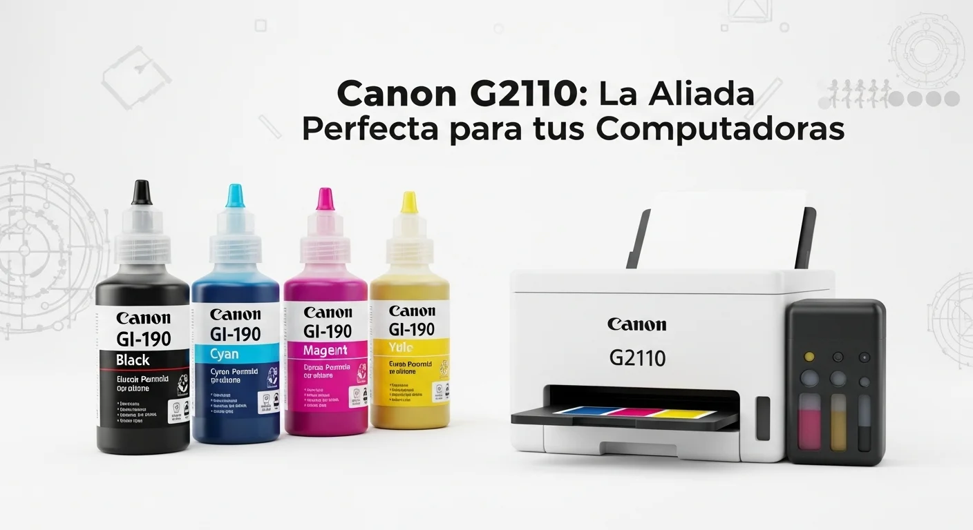Botellas de tinta para impresora Canon G2110 modelo GI-190, mostrando los colores negro, cian, magenta y amarillo, esenciales para el ecosistema de computadoras.