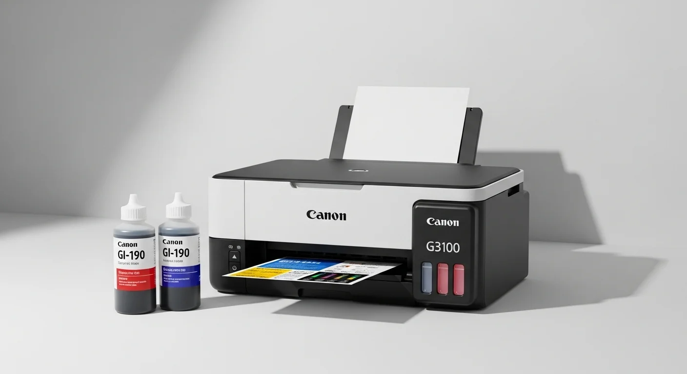 Botellas de tinta para Canon G3100, modelo GI-190, junto a la impresora, destacando el sistema de recarga fácil y de alto rendimiento.