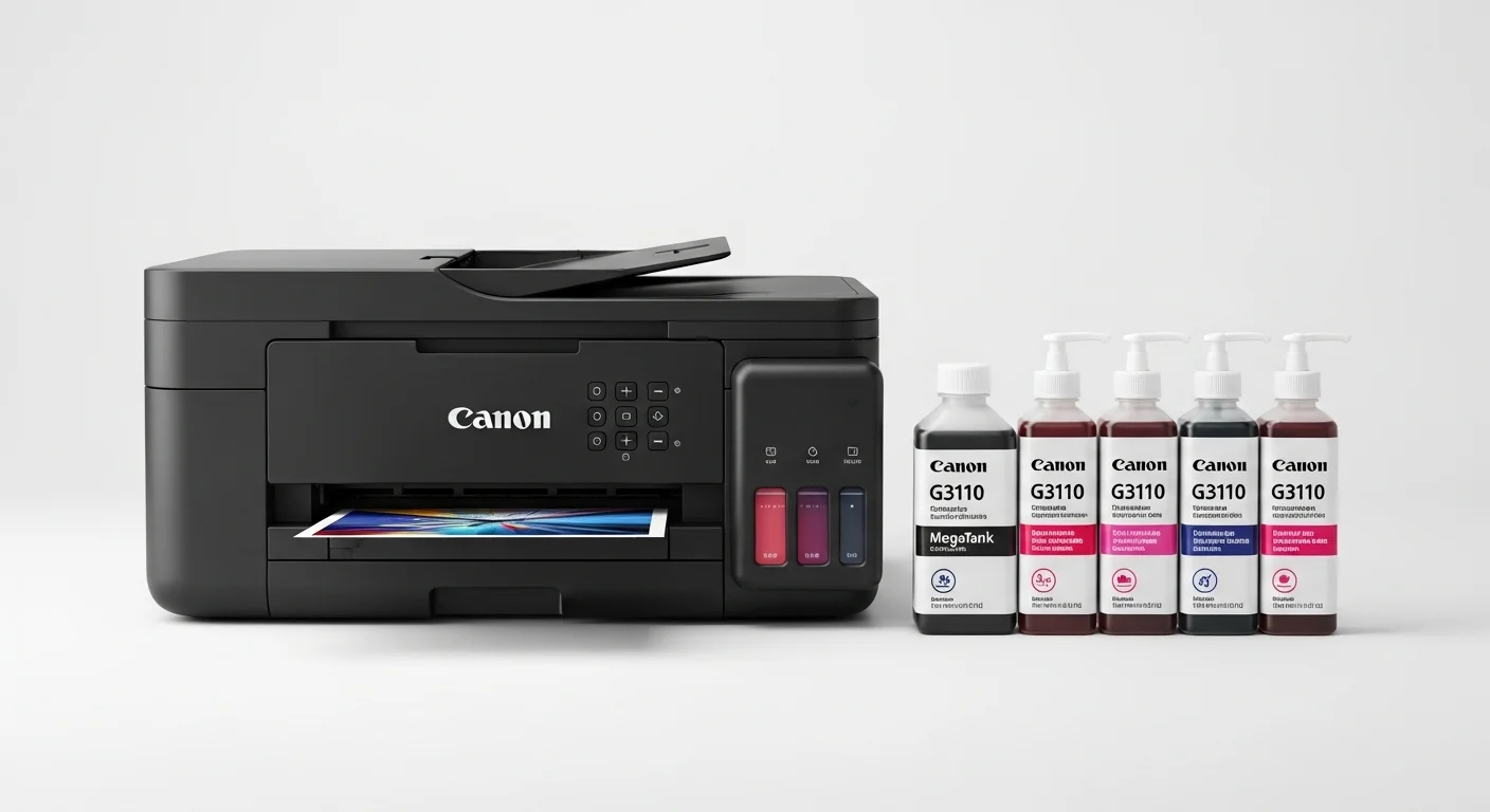 Botellas de tinta para Canon G3110 junto a la impresora, mostrando el sistema de recarga MegaTank y la economía de los consumibles.