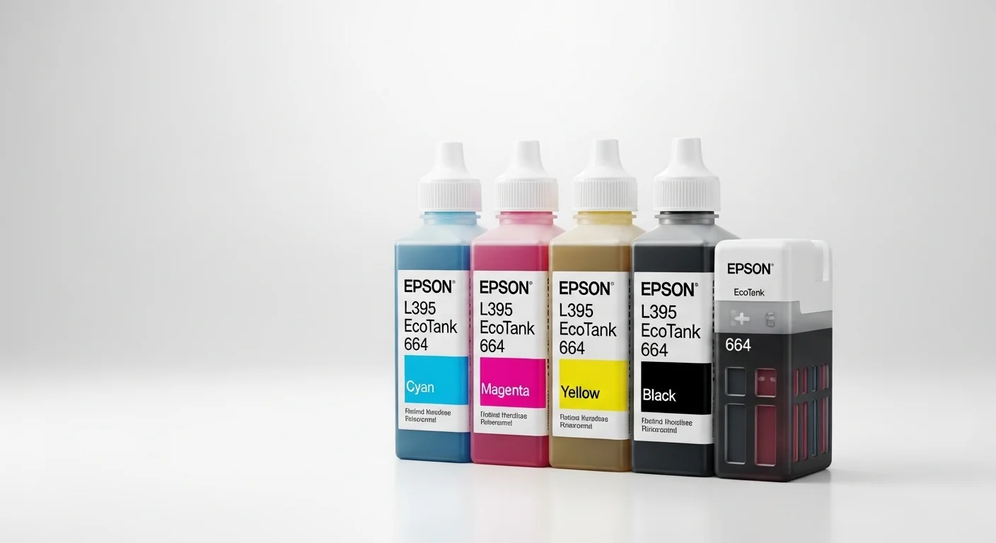 Juego de cuatro botellas de tinta para Epson L395, modelo 664, mostrando los colores cian, magenta, amarillo y negro, listas para recargar.