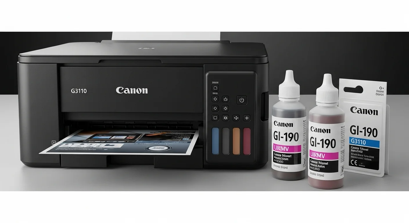 Primer plano de las botellas de tinta GI-190 junto a la impresora Canon PIXMA G3110, destacando el sistema de recarga fácil y el bajo costo por página.