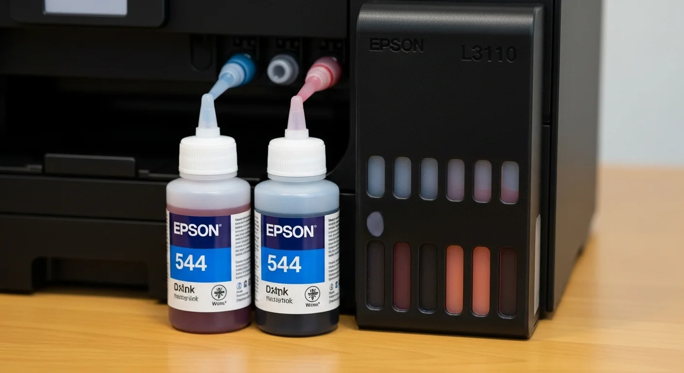 Primer plano de las botellas de tinta Epson 544 junto al sistema de tanques de la impresora L3110, destacando la facilidad de recarga.