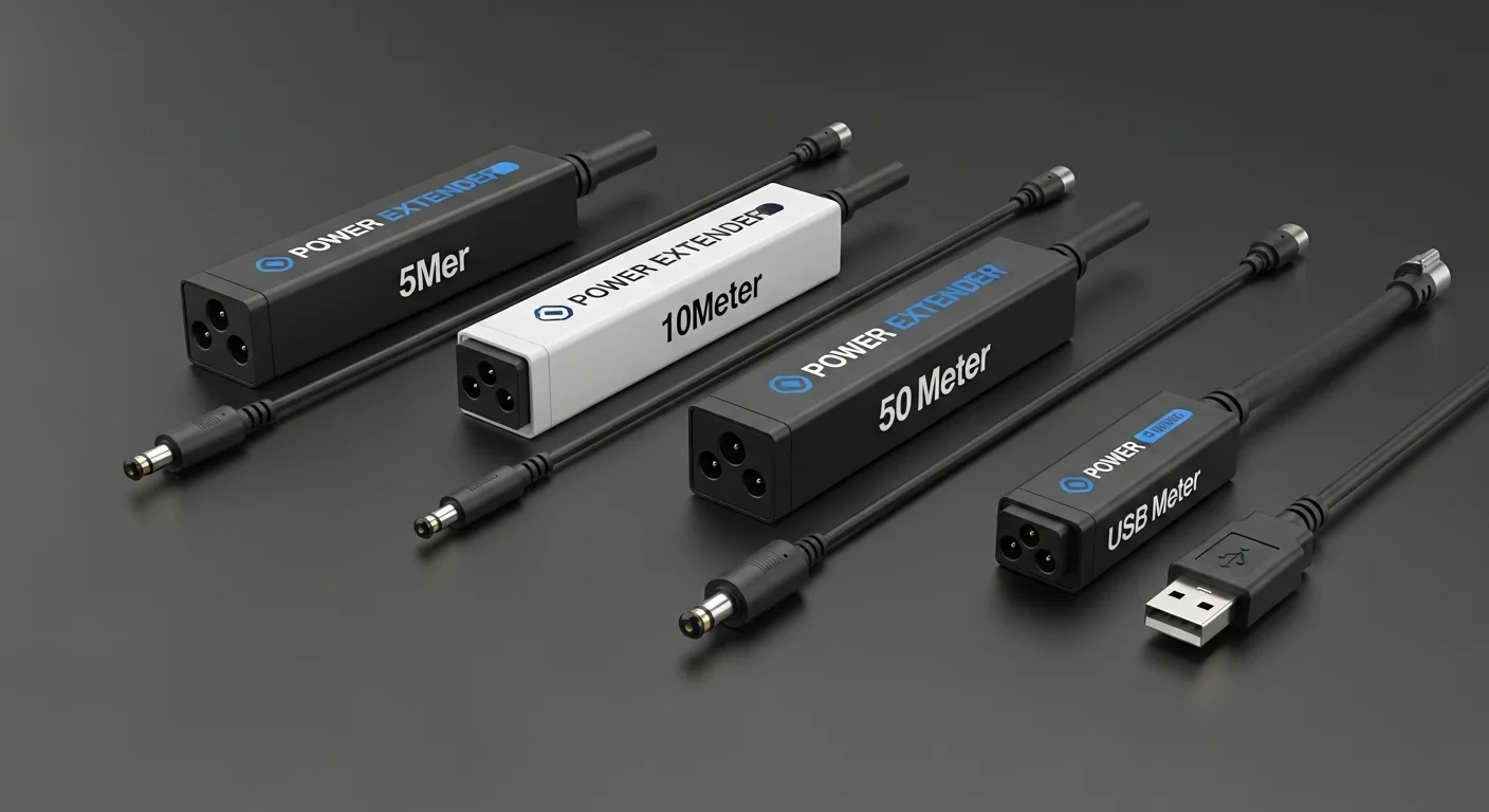 Colección de diferentes tipos de alargues: un alargador de 5 metros, uno de 10 metros, uno de 50 metros y un alargador USB.