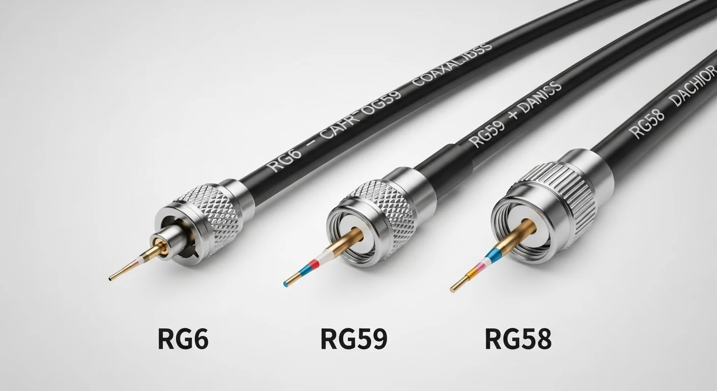 Comparativa visual de tres tipos de cable coaxial: RG6, RG59 y RG58, mostrando las diferencias en grosor y conectores.