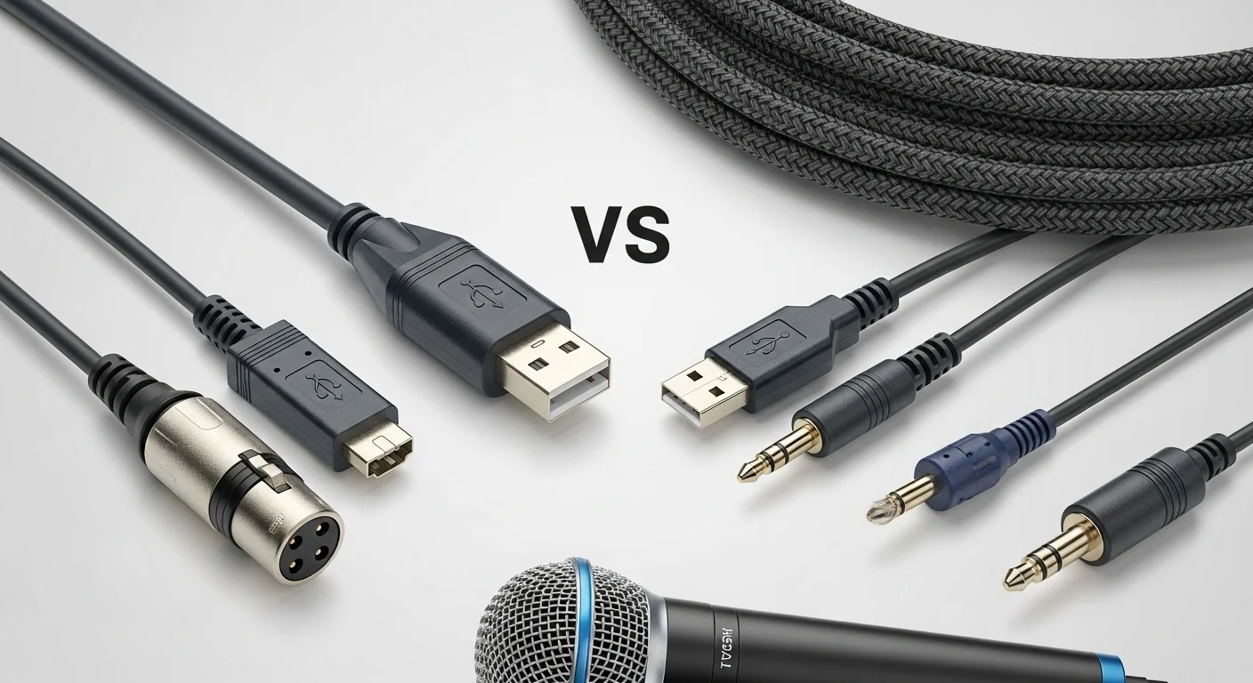 Comparativa de diferentes tipos de cables de micrófono: XLR, USB y un cable auxiliar con micrófono, mostrando la variedad de conectores para computadoras y otros dispositivos.