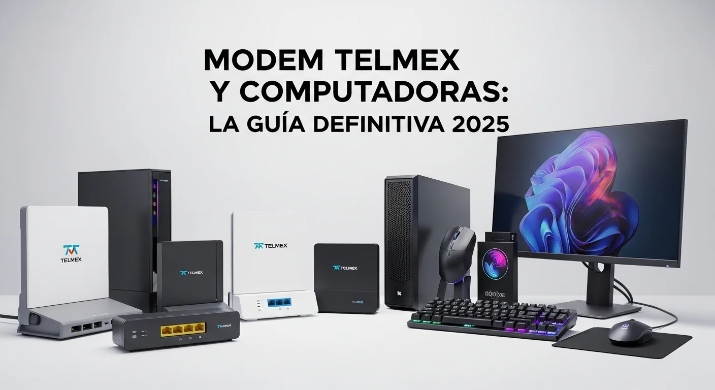 Una composición mostrando varios tipos de modem Telmex, desde modelos ADSL hasta los más nuevos de fibra óptica, junto a accesorios de computadoras.