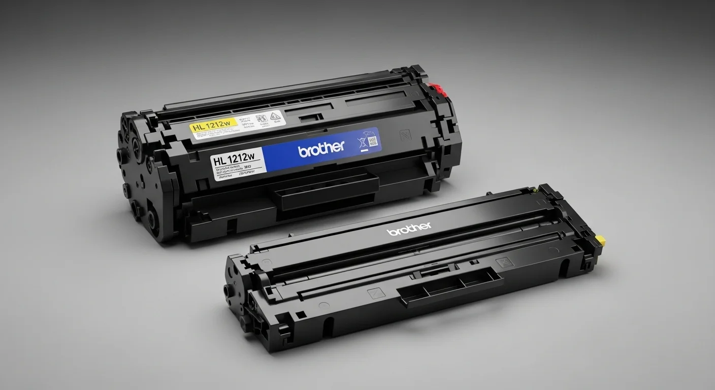 Cartucho de toner Brother HL 1212w y unidad de tambor mostrados, destacando los consumibles clave para la impresora.