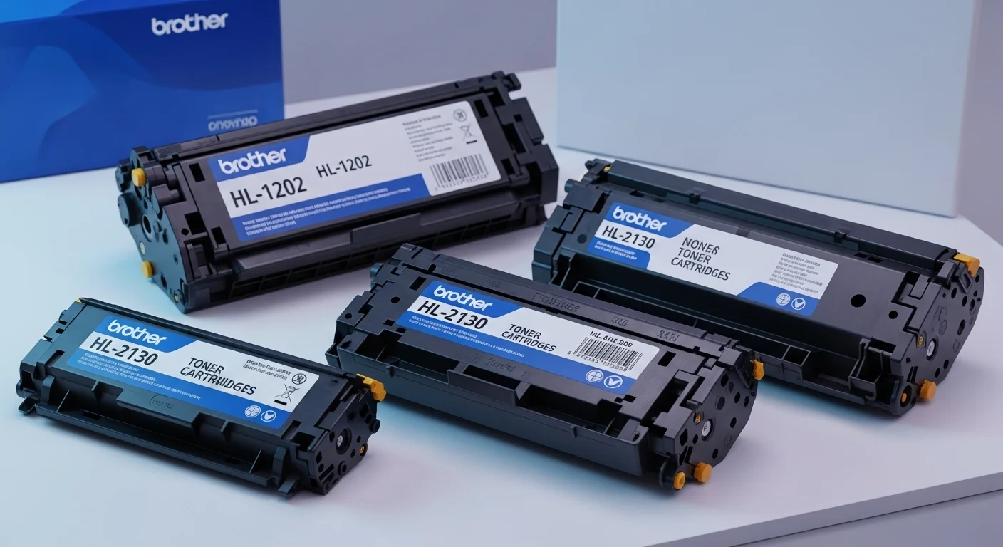 Primer plano de varios cartuchos de tóner Brother HL, incluyendo modelos para la impresora Brother HL-1202 y HL-2130.