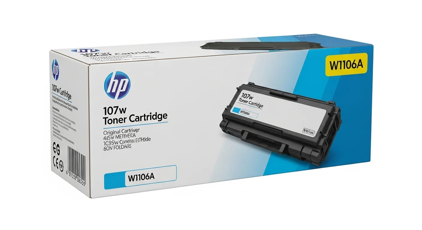 Caja del toner hp 107w original, modelo W1106A, mostrando el logo de HP y las características del consumible
