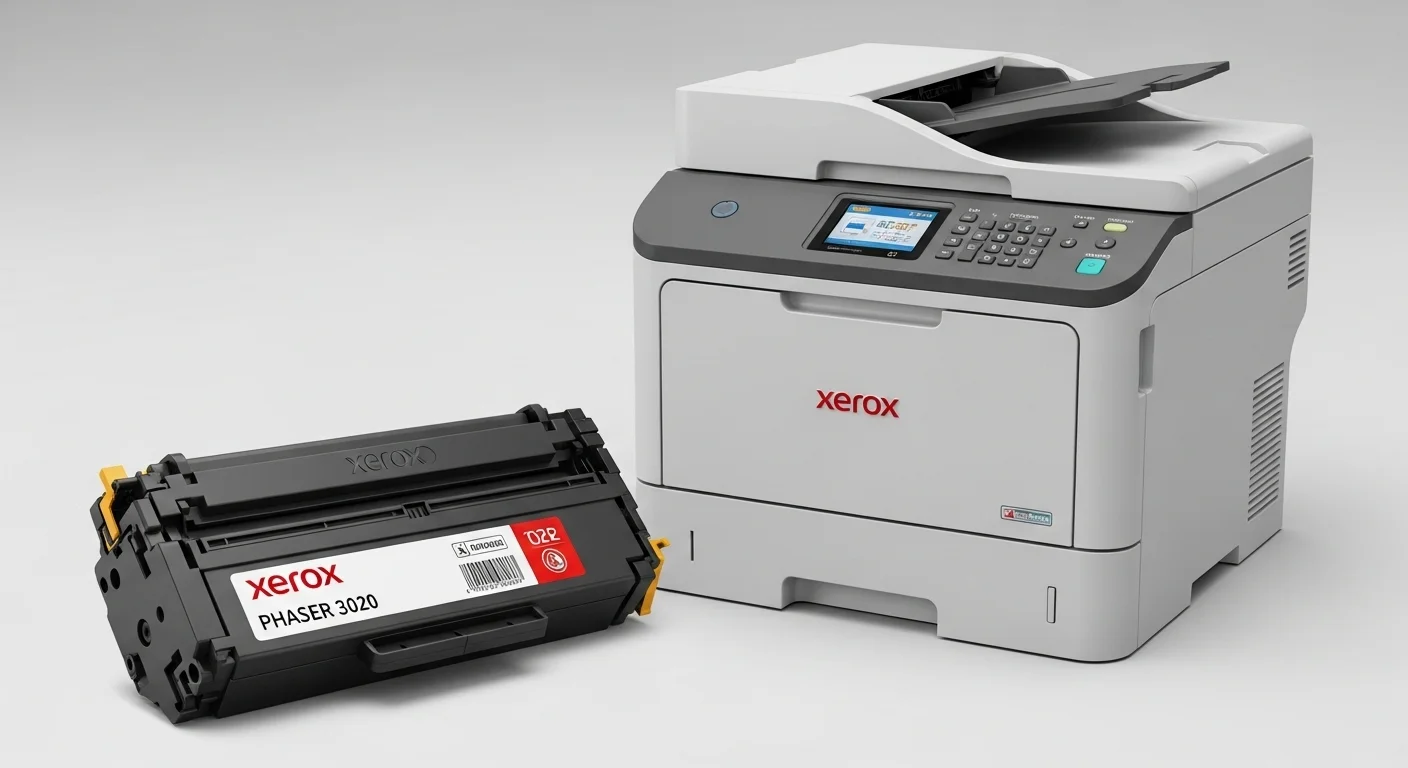 Primer plano del cartucho de toner Xerox Phaser 3020 junto a la impresora, destacando los consumibles y la tecnología de computadoras.