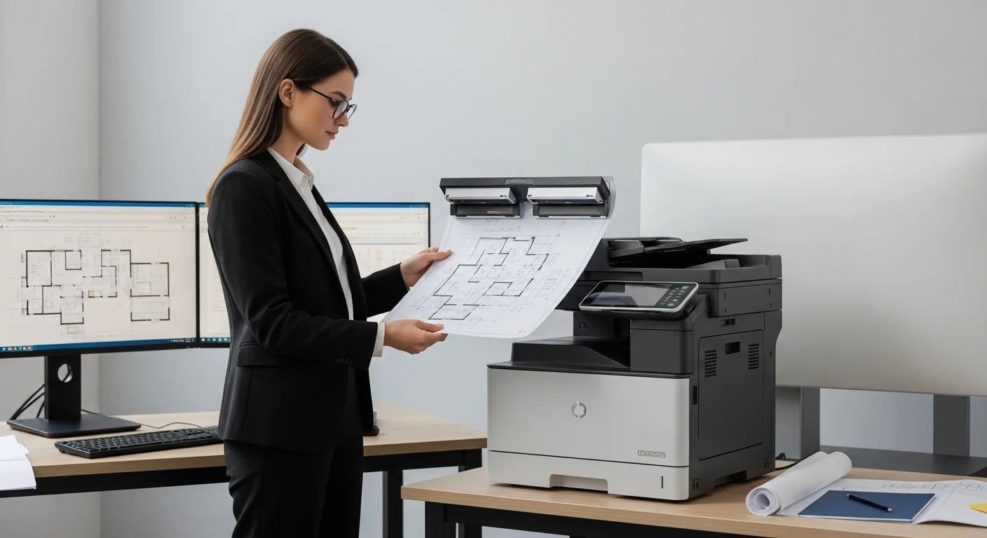 Un arquitecto utilizando una multifuncional doble carta para escanear un plano grande, mostrando la sinergia entre computadoras y equipos de oficina especializados.