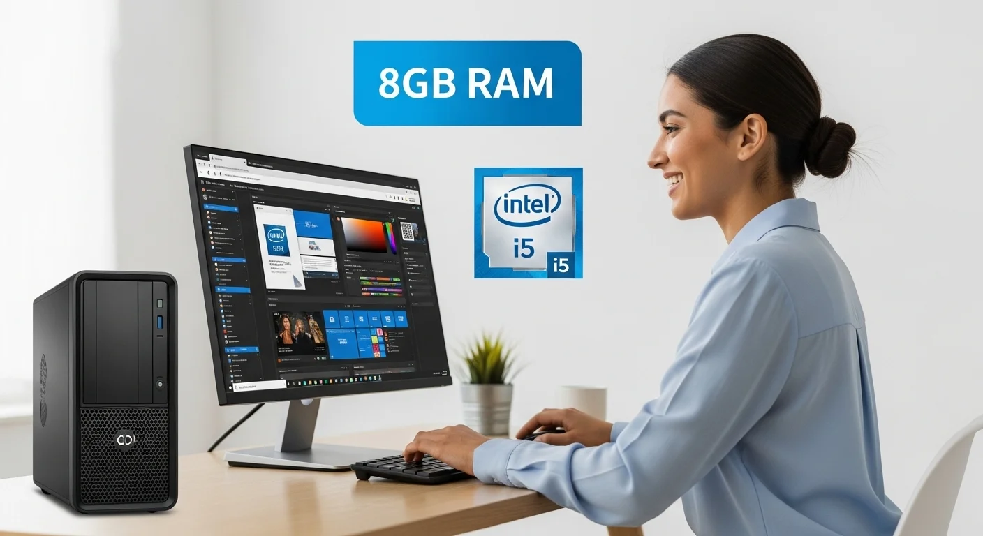Persona trabajando eficientemente en un escritorio moderno con una computadora desktop i5 con 8GB RAM, mostrando multitarea en pantalla.