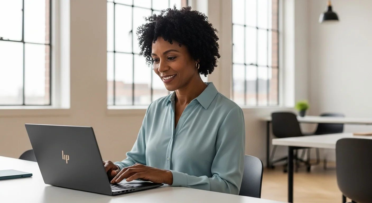 Una persona utilizando una HP Ultrabook en un entorno de oficina moderno, destacando su diseño y portabilidad.