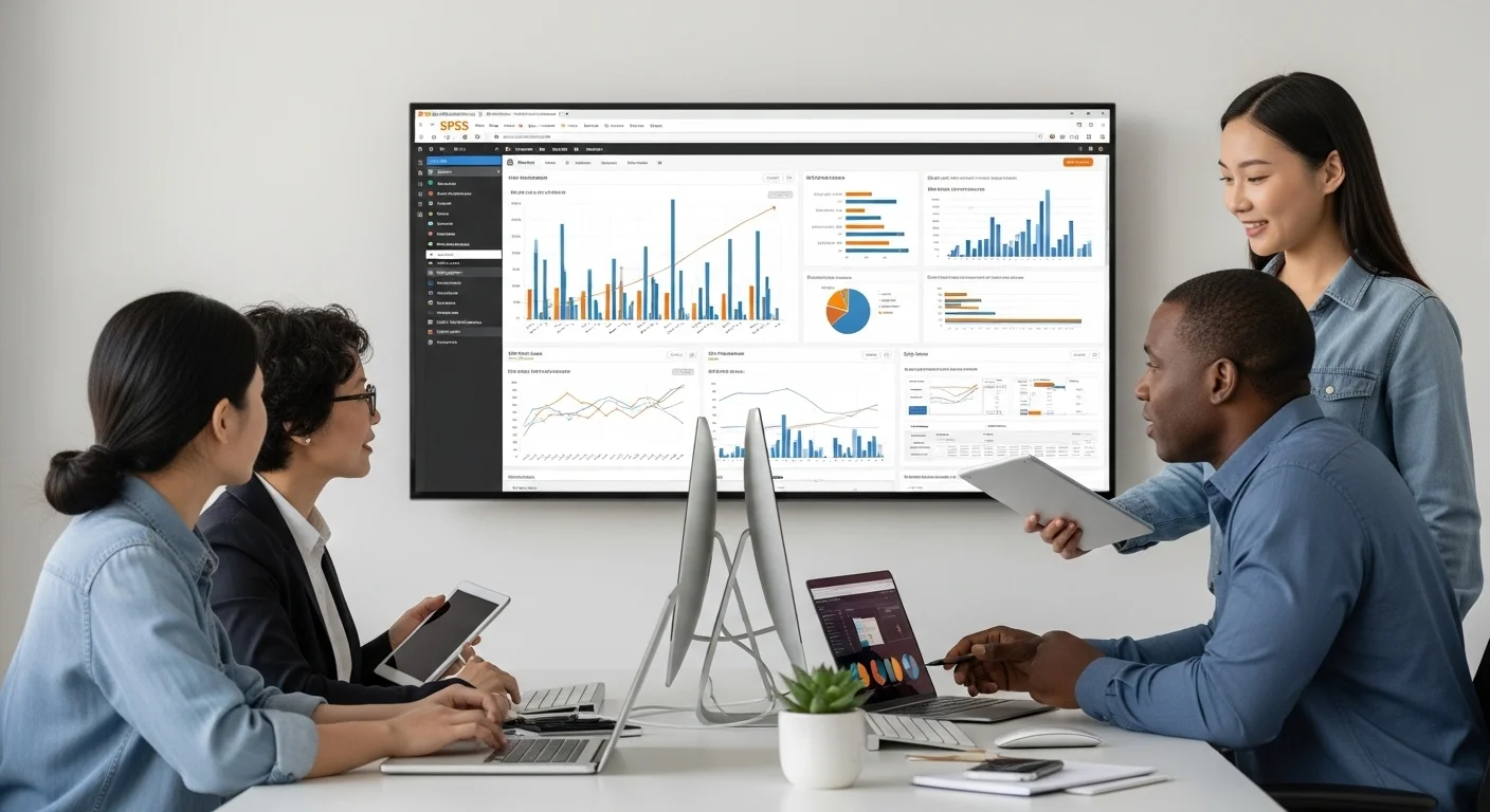 Equipo de trabajo colaborando frente a una gran pantalla que muestra un dashboard de SPSS Online, con laptops y tabletas en la mesa.