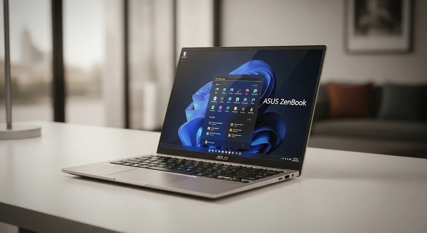 Una computadora Asus Laptop de la serie Zenbook, delgada y elegante, sobre un escritorio minimalista, simbolizando la portabilidad y el diseño premium.