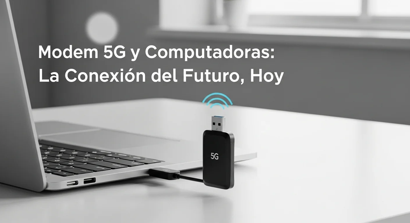Un compacto USB modem 5G conectado al puerto de una laptop, ideal para profesionales que necesitan internet de alta velocidad en cualquier lugar.