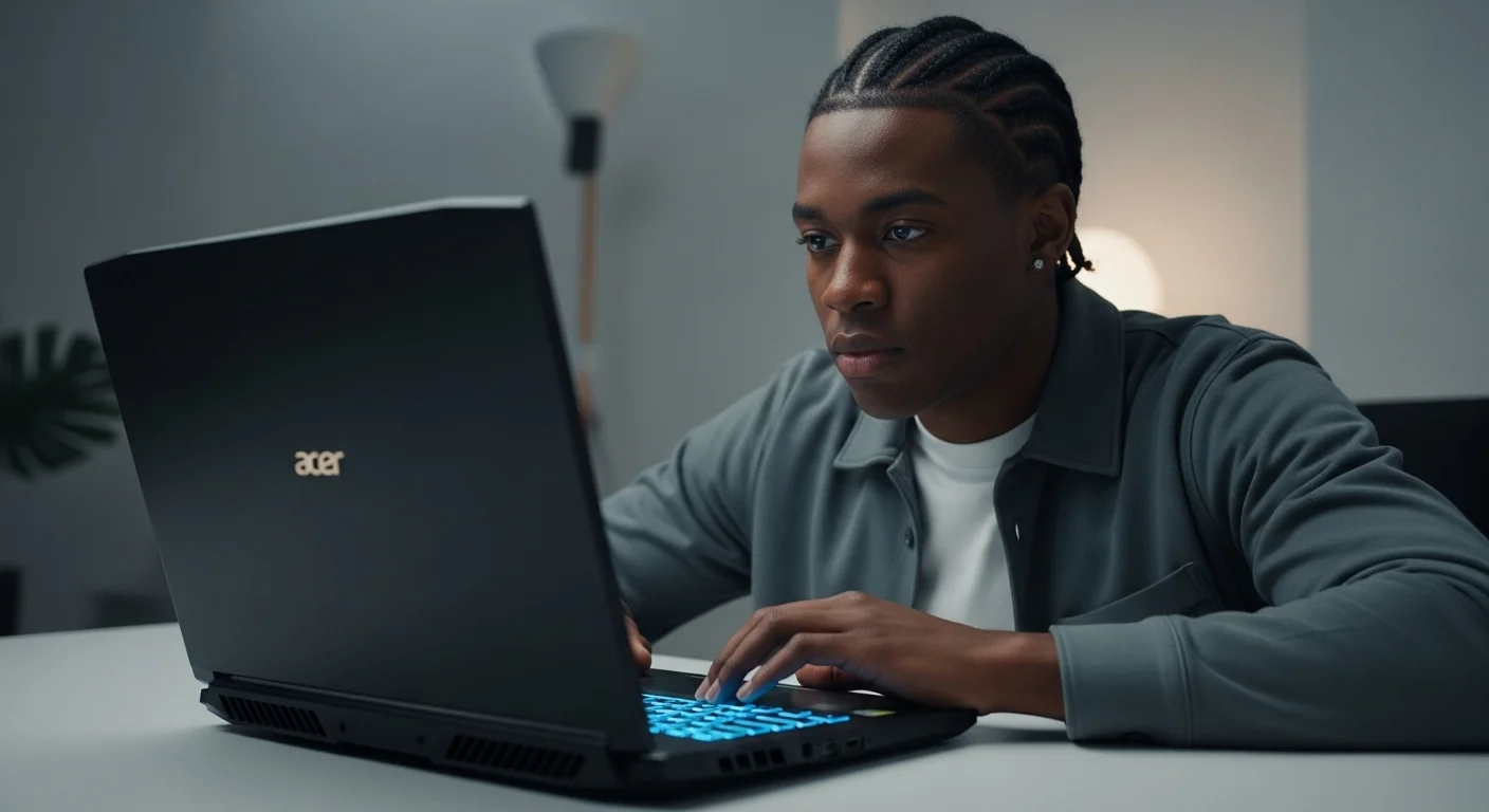 Un joven utilizando una computadora portátil Acer Nitro 5 Ryzen en una habitación con iluminación ambiental, con el teclado retroiluminado brillando intensamente.