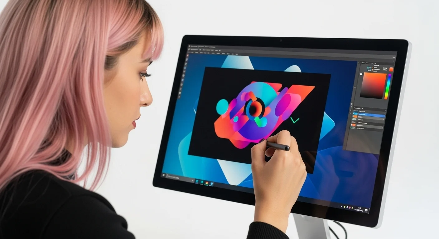 Primer plano de una persona usando la pantalla táctil de una aio touch para diseño gráfico, mostrando colores vibrantes en la pantalla.