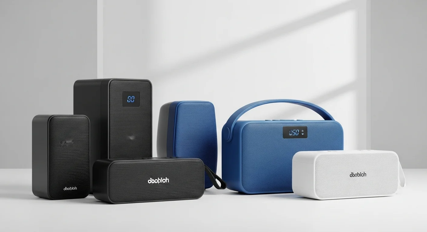 Colección de varias bocinas Bluetooth baratas de diferentes tamaños y colores, mostrando la diversidad de opciones para computadoras y uso portátil.