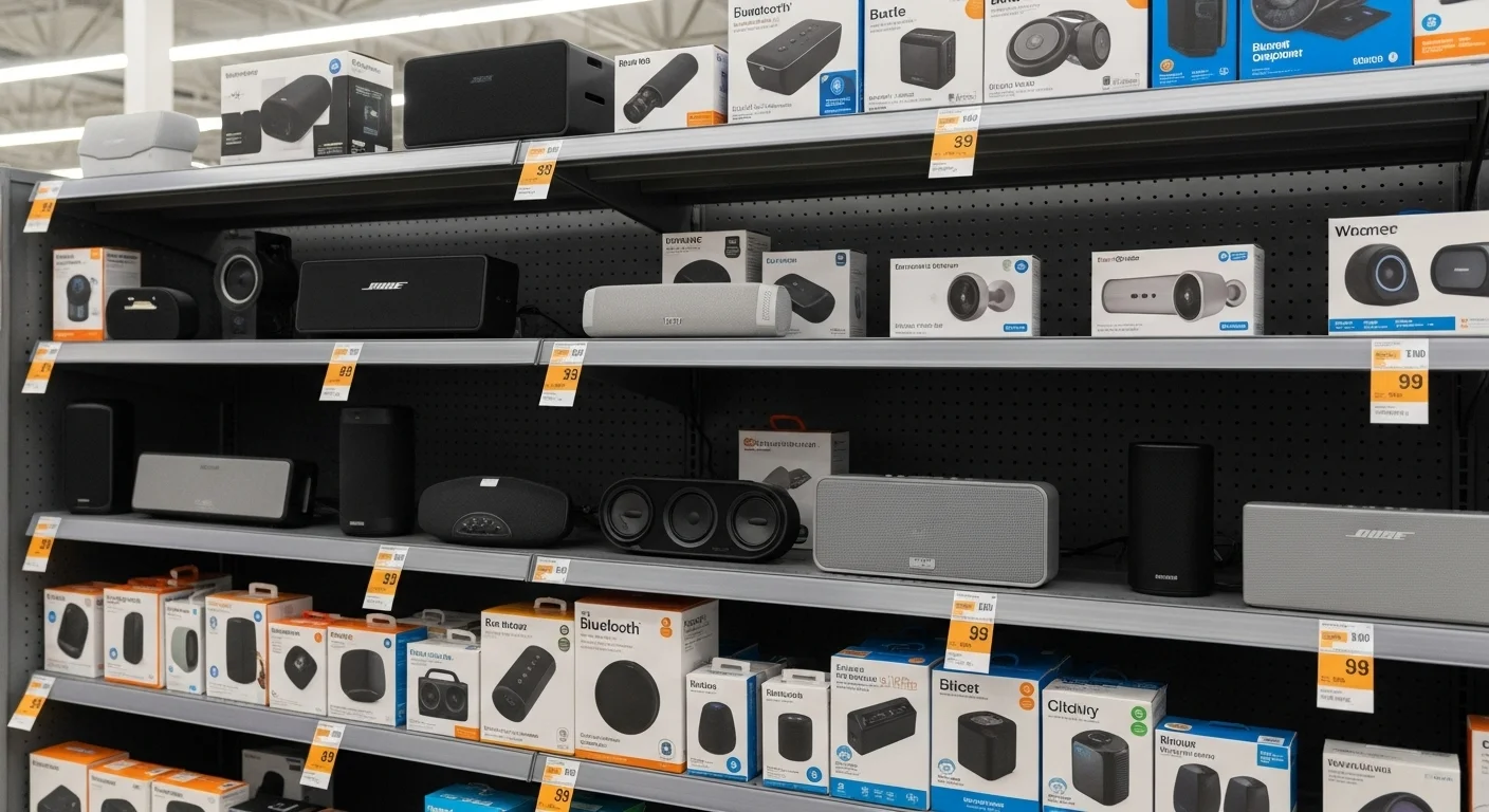 Una estantería de una tienda Walmart mostrando una variedad de bocinas bluetooth de diferentes tamaños y marcas.