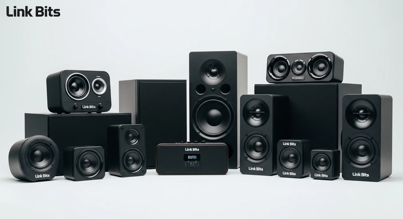 Una imagen mostrando la línea completa de bocinas Link Bits, desde la pequeña de 3 pulgadas hasta la grande de 15 pulgadas, demostrando la versatilidad de la marca.