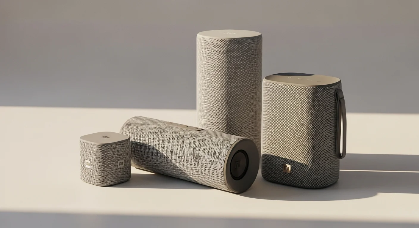 Composición de varias bocinas de la línea Xiaomi Mi Speaker, incluyendo la versión portátil, la 2 y la smart, mostrando la diversidad de la gama.