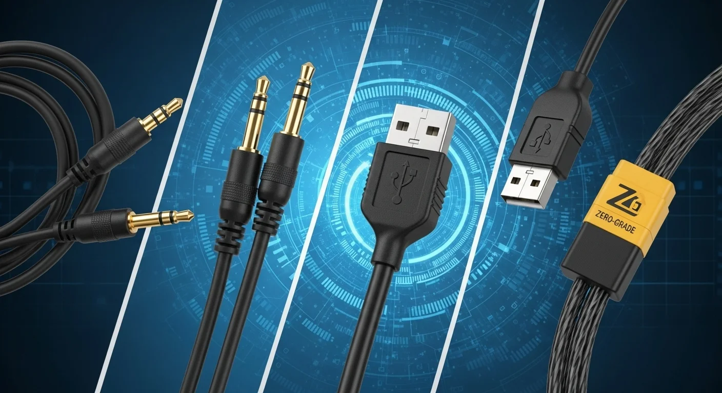 Una composición de varios tipos de cable doble sobre un fondo tecnológico, mostrando un cable doble jack de audio, un cable doble USB y una sección de un grueso cable doble cero, representando la diversidad de conexiones para computadoras y accesorios.